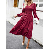 Women's Casual Midi Dress Boho Flutter Long Sleeve Crew Neck Smocked Elastic Waist Tiered A-Line Long Dress