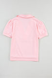 Pink Collared V Neck Puff Sleeve T-shirt