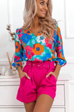 Multicolor Floral Print V Neck 3/4 Sleeve Blouse