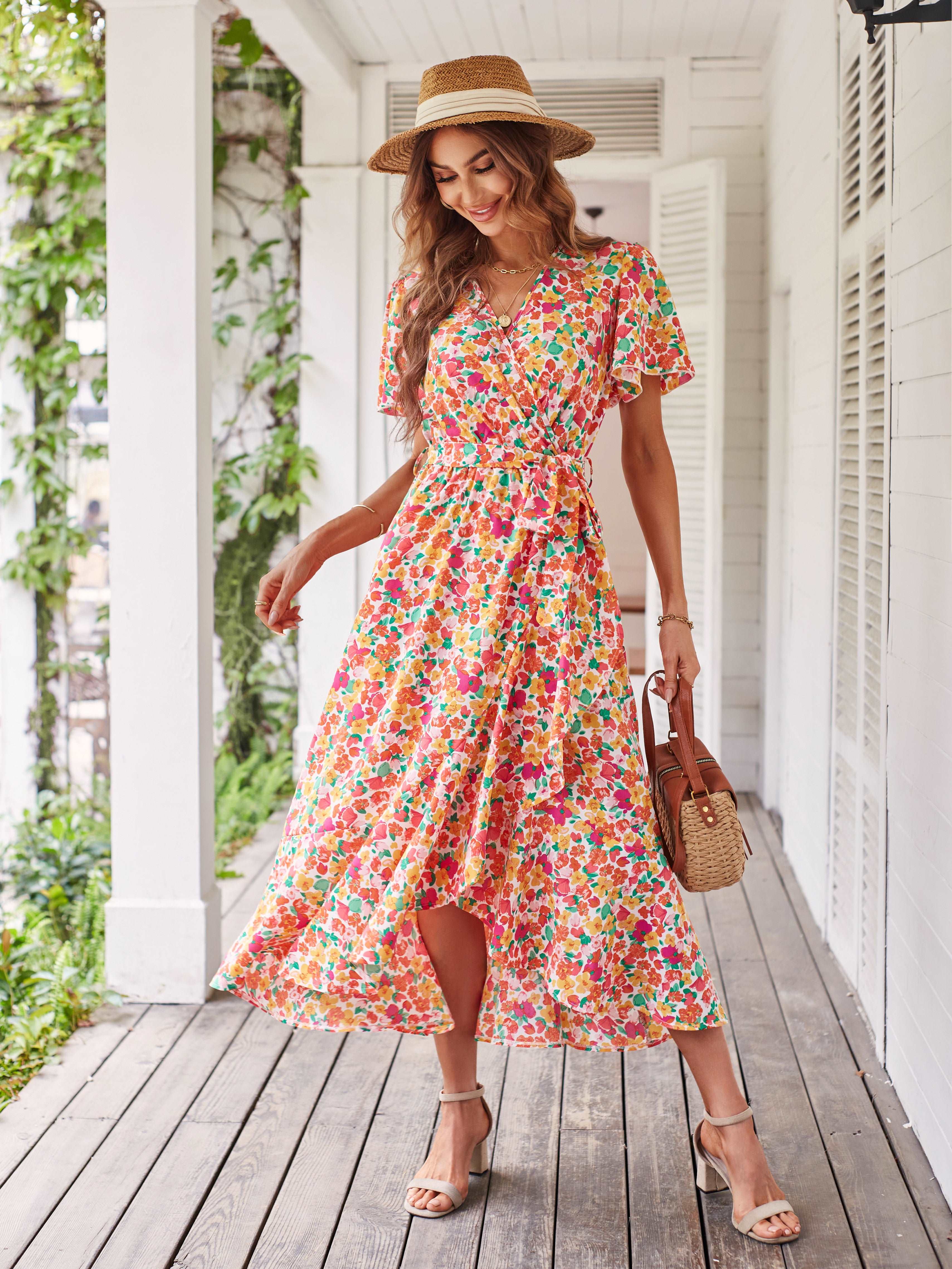 Women's Dresses Casual Summer Wrap V Neck Short Sleeve Belted Ruffle Hem A-Line Bohemian Maxi Dress