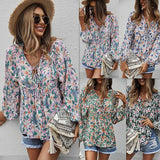 Womens Fall Fashion Boho Tops Casual Frill Trim Mock Neck Shirts Puff Long Sleeve Blouse Floral Print Top