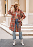 Women Long Trench Coat Plaid Jacket Oversized with Pocket