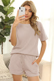 Women Short Sleeve Two Piece Casual Waffle Lounge Set