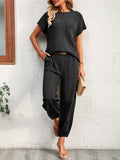 Women Short Sleeve Two Piece Solid Color Casual Waffle Loung