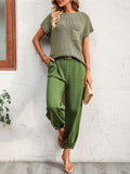 Women Short Sleeve Two Piece Solid Color Casual Waffle Loung