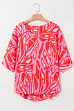 Red Abstract Print V Neck Batwing Sleeve Oversized Blouse