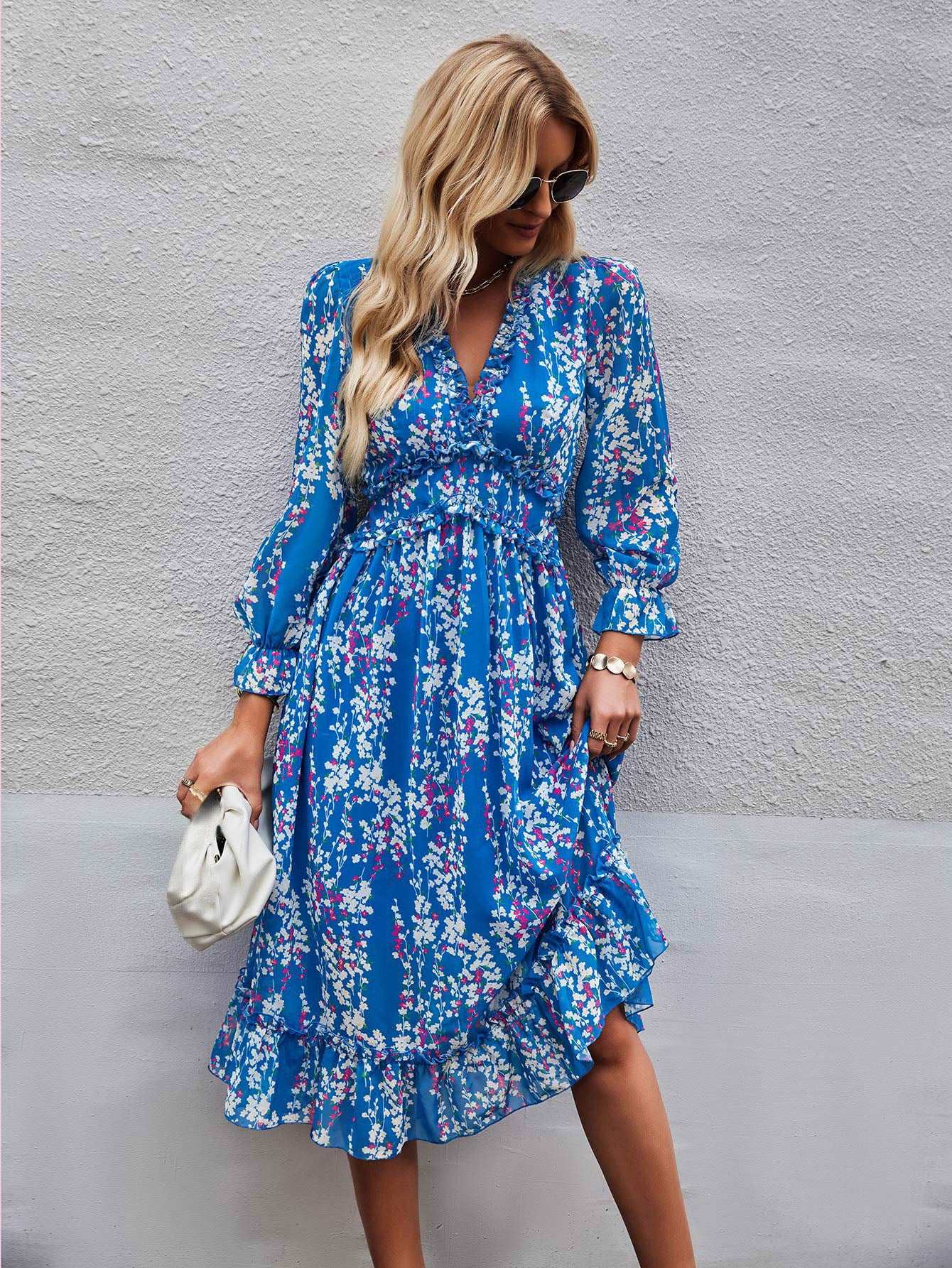 Women's Casual Long Sleeve V Neck Loose Floral Dress Long Dresses Swing Dress for Women