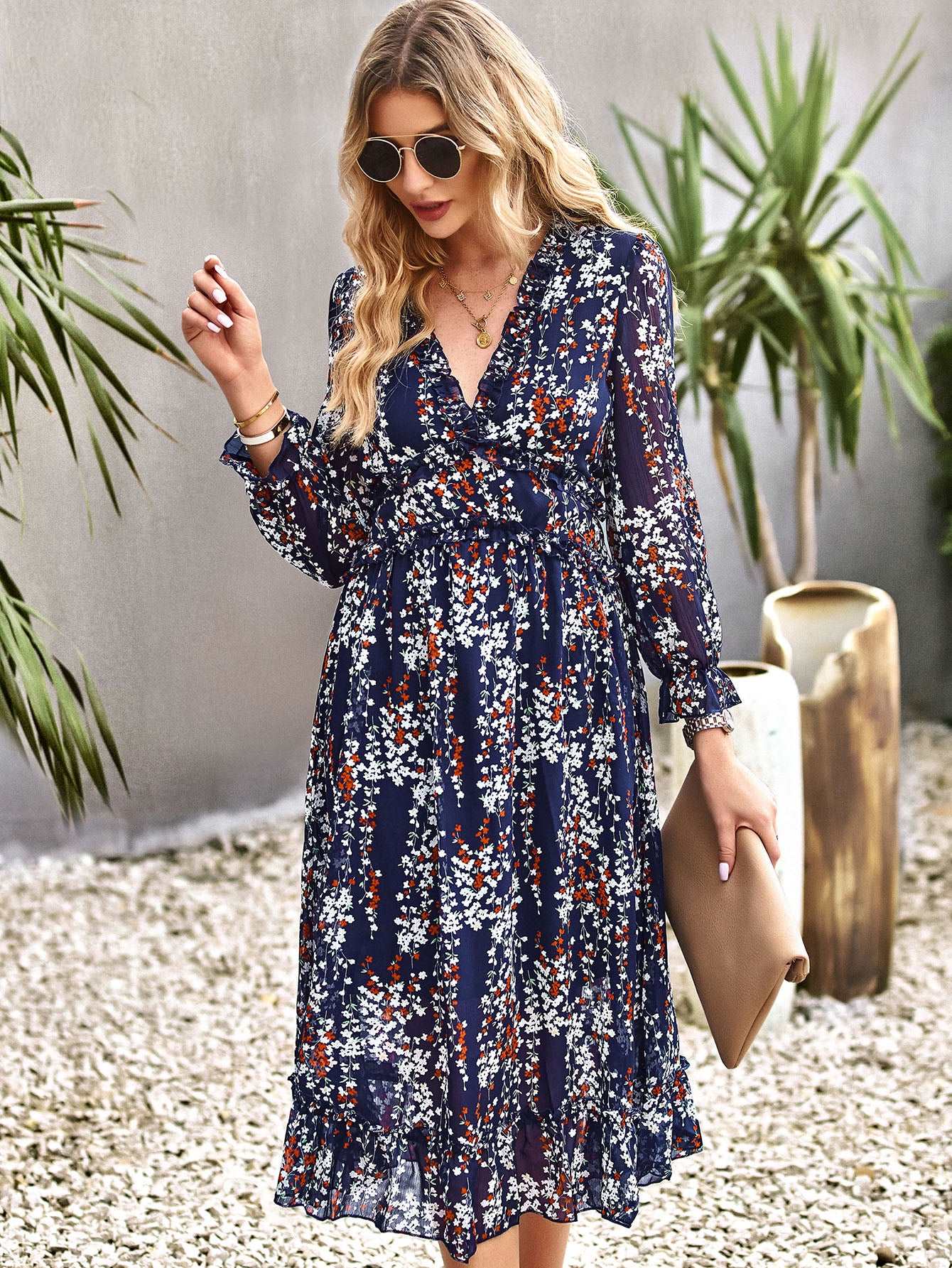 Women's Casual Long Sleeve V Neck Loose Floral Dress Long Dresses Swing Dress for Women