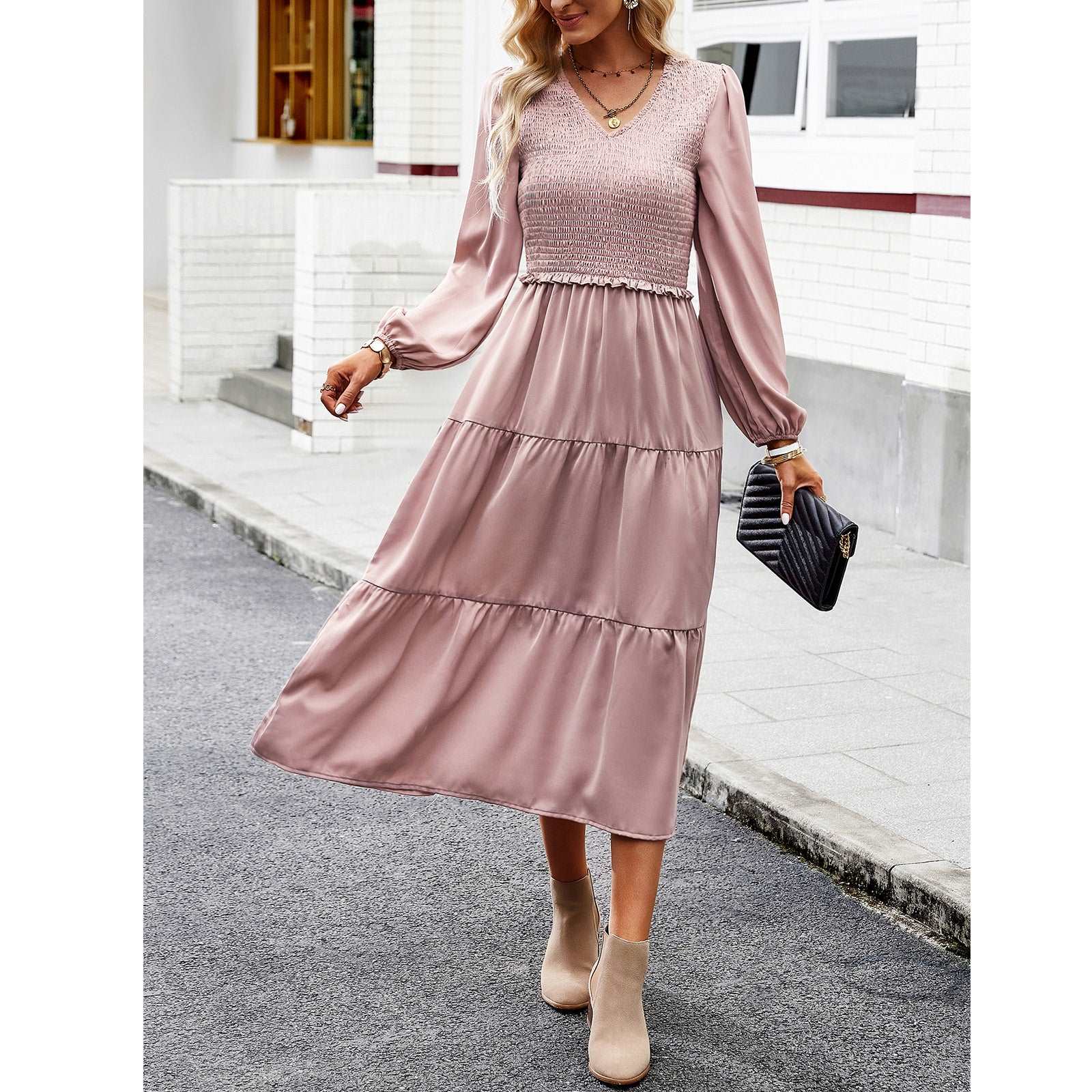 Women's Casual Midi Dress Boho Flutter Long Sleeve Crew Neck Smocked Elastic Waist Tiered A-Line Long Dress