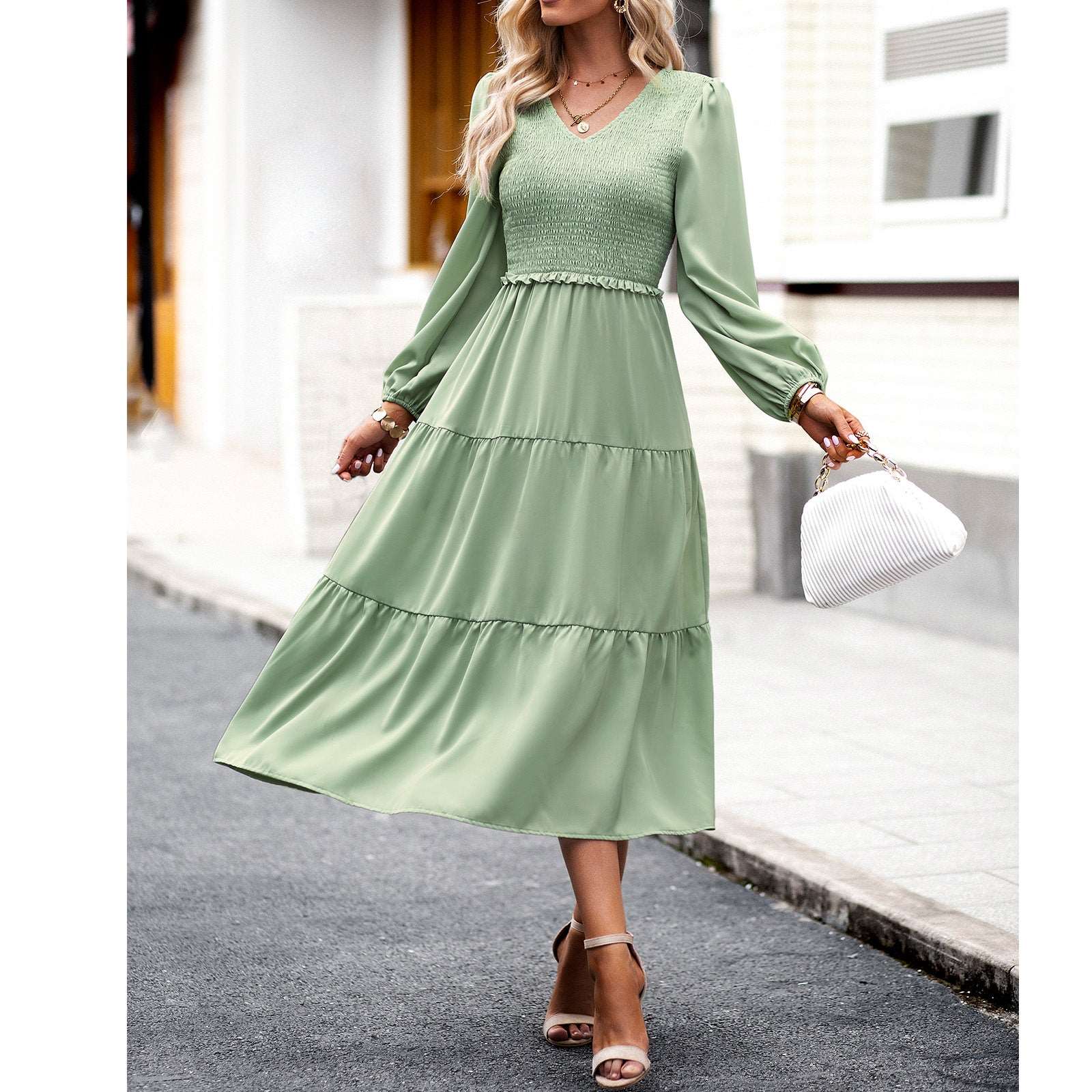 Women's Casual Midi Dress Boho Flutter Long Sleeve Crew Neck Smocked Elastic Waist Tiered A-Line Long Dress
