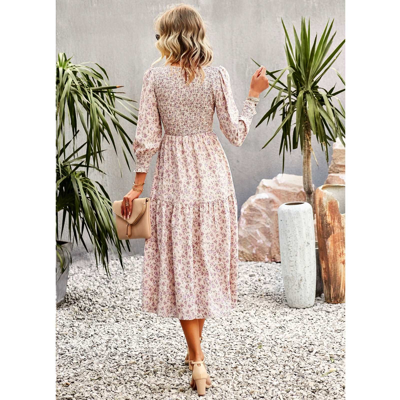 Women's Casual Long Sleeve Floral Dress Crewneck A-Line Mid Length Dress
