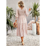 Women's Casual Long Sleeve Floral Dress Crewneck A-Line Mid Length Dress