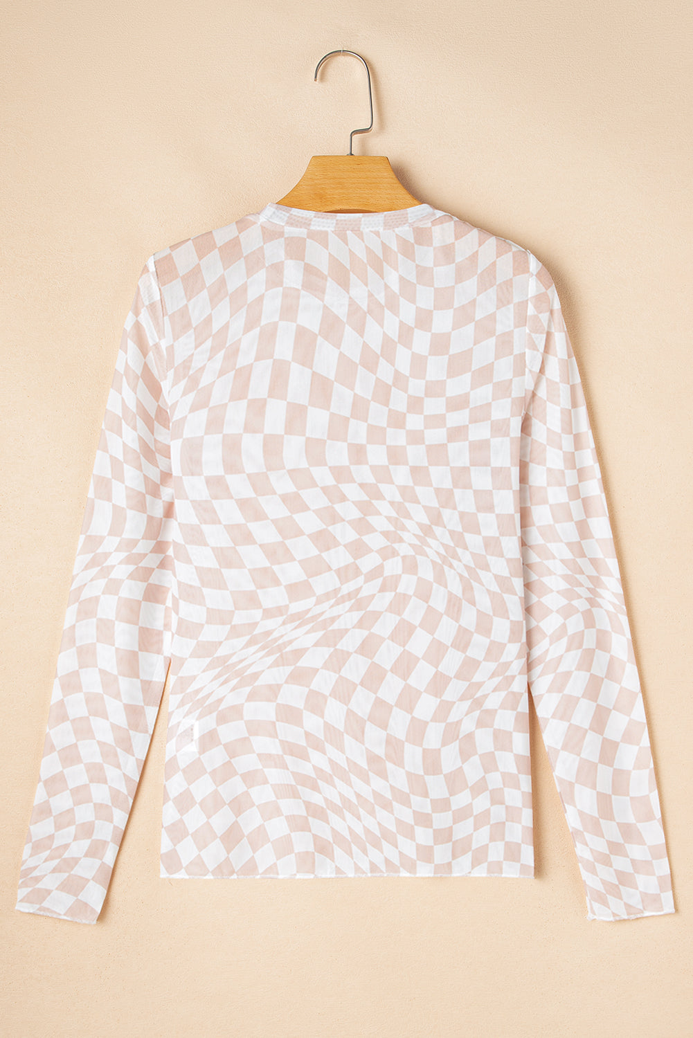 Khaki Checkered Pattern Mesh Mock Neck Long Sleeve Top