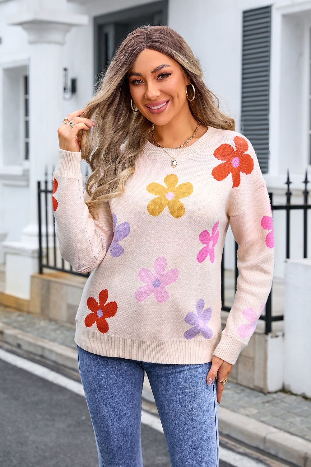 Long Sleeve Sweaters Tops for Women Floral
