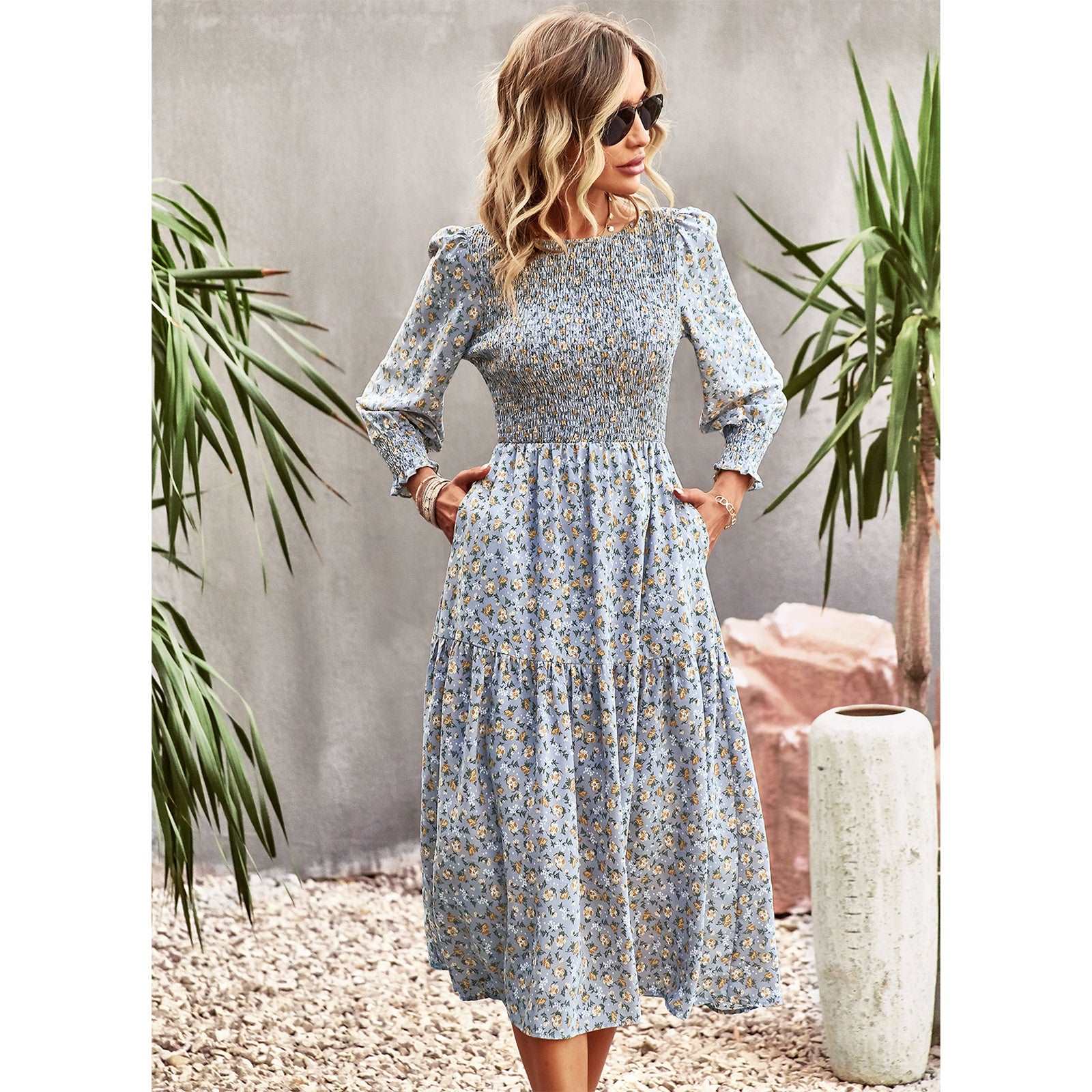 Women's Casual Long Sleeve Floral Dress Crewneck A-Line Mid Length Dress