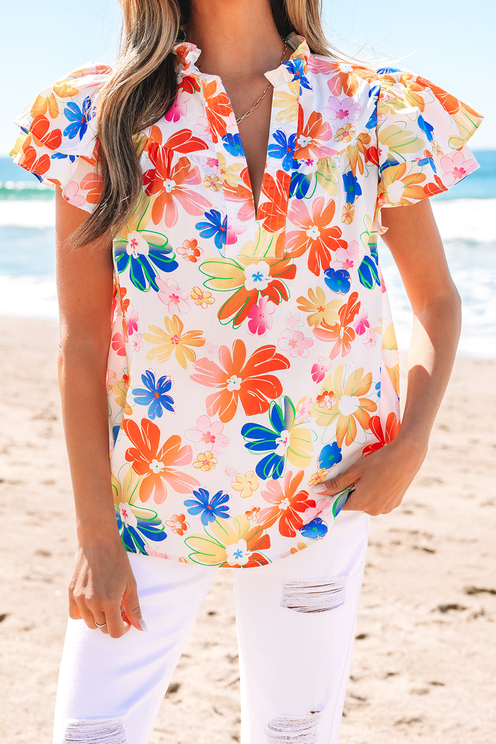 White Floral Bouquet Flutter Top