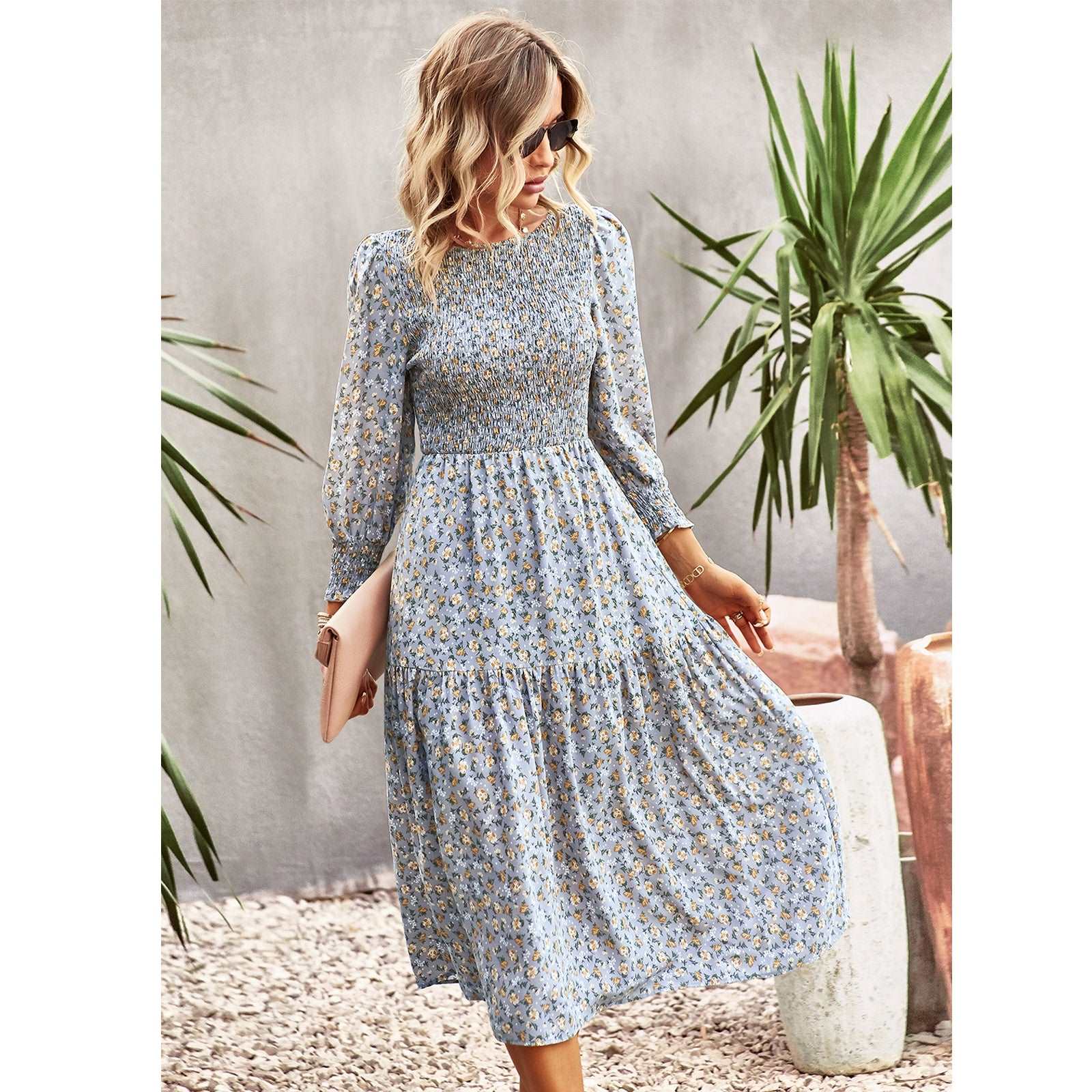 Women's Casual Long Sleeve Floral Dress Crewneck A-Line Mid Length Dress