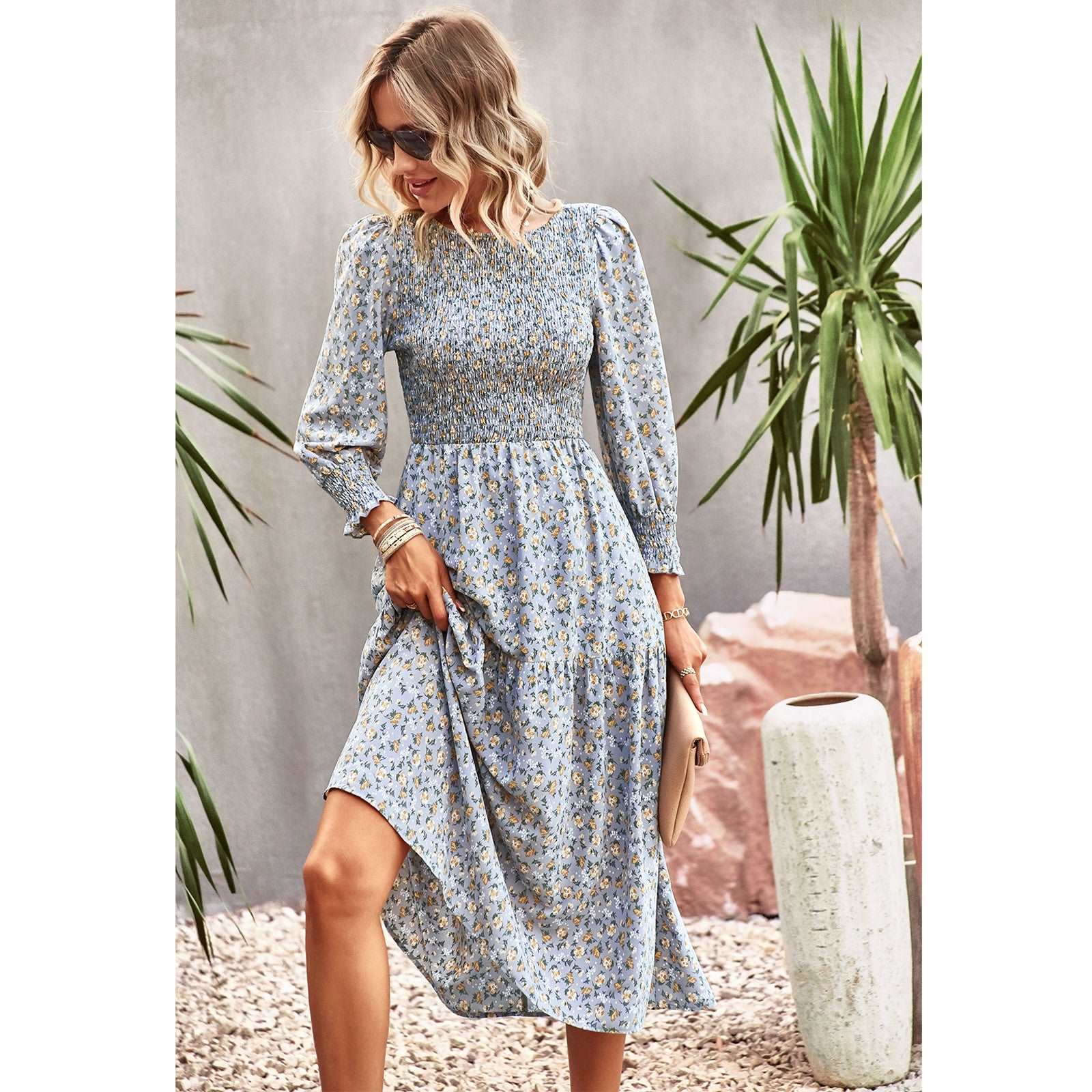 Women's Casual Long Sleeve Floral Dress Crewneck A-Line Mid Length Dress