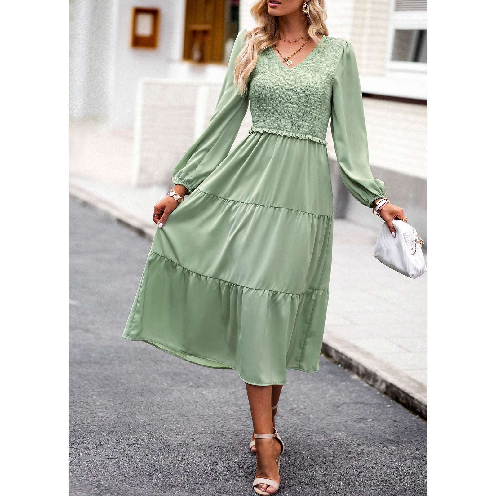Women's Casual Midi Dress Boho Flutter Long Sleeve Crew Neck Smocked Elastic Waist Tiered A-Line Long Dress
