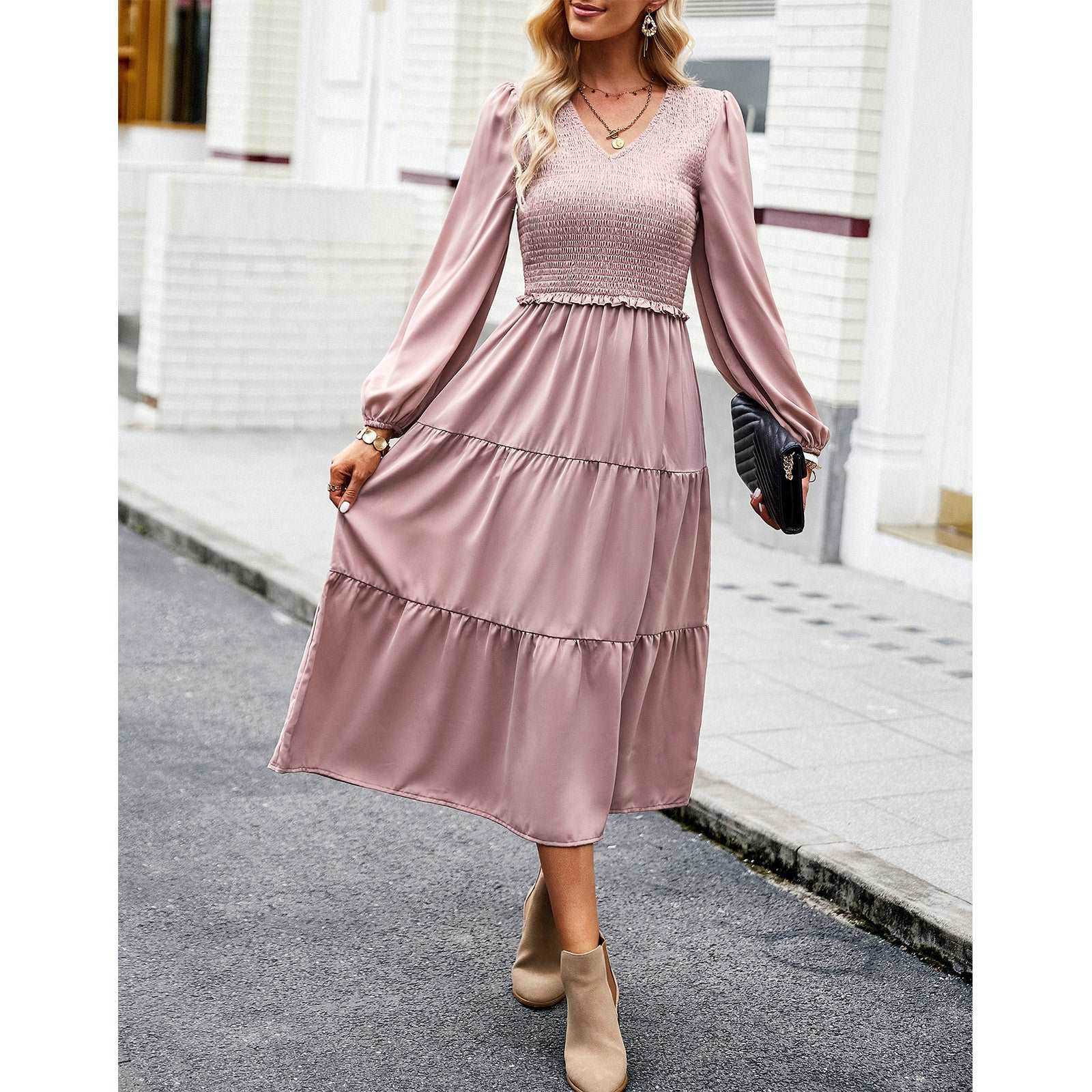 Women's Casual Midi Dress Boho Flutter Long Sleeve Crew Neck Smocked Elastic Waist Tiered A-Line Long Dress