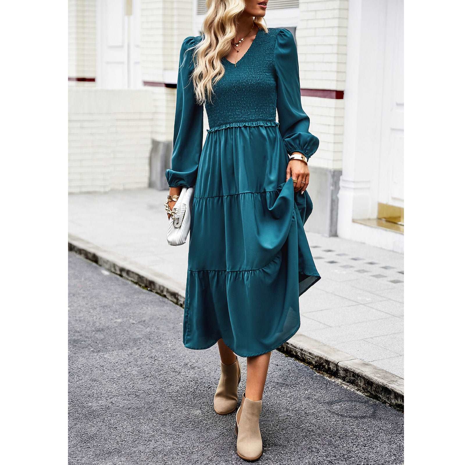 Women's Casual Midi Dress Boho Flutter Long Sleeve Crew Neck Smocked Elastic Waist Tiered A-Line Long Dress