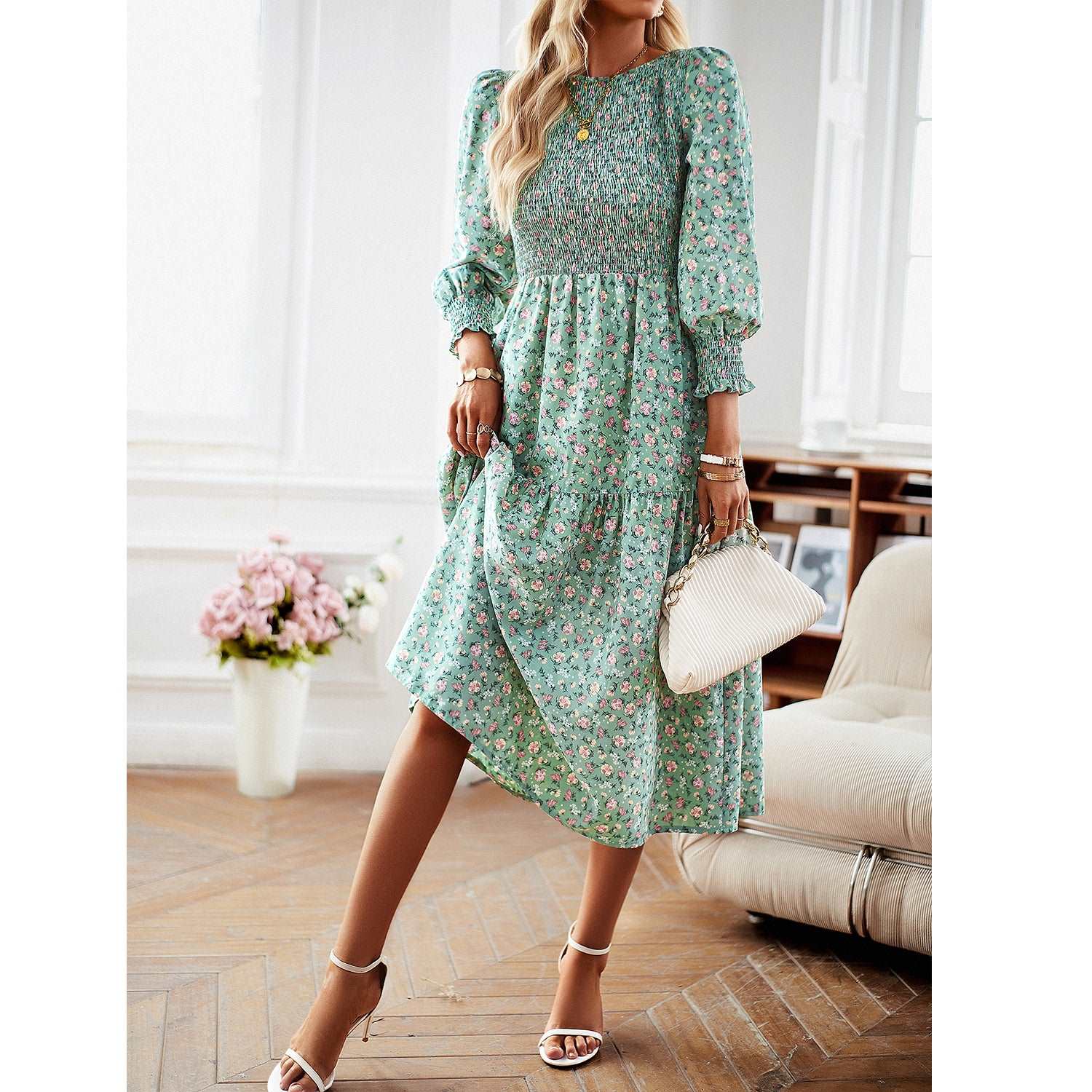 Women's Casual Long Sleeve Floral Dress Crewneck A-Line Mid Length Dress