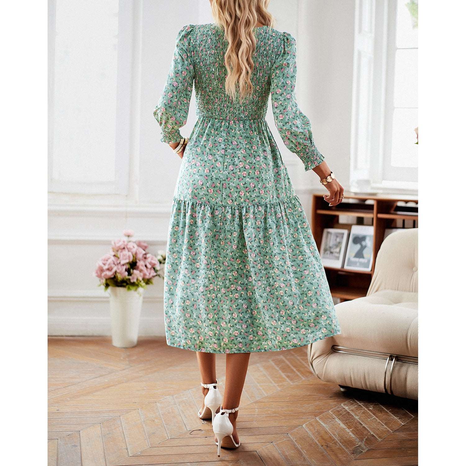 Women's Casual Long Sleeve Floral Dress Crewneck A-Line Mid Length Dress