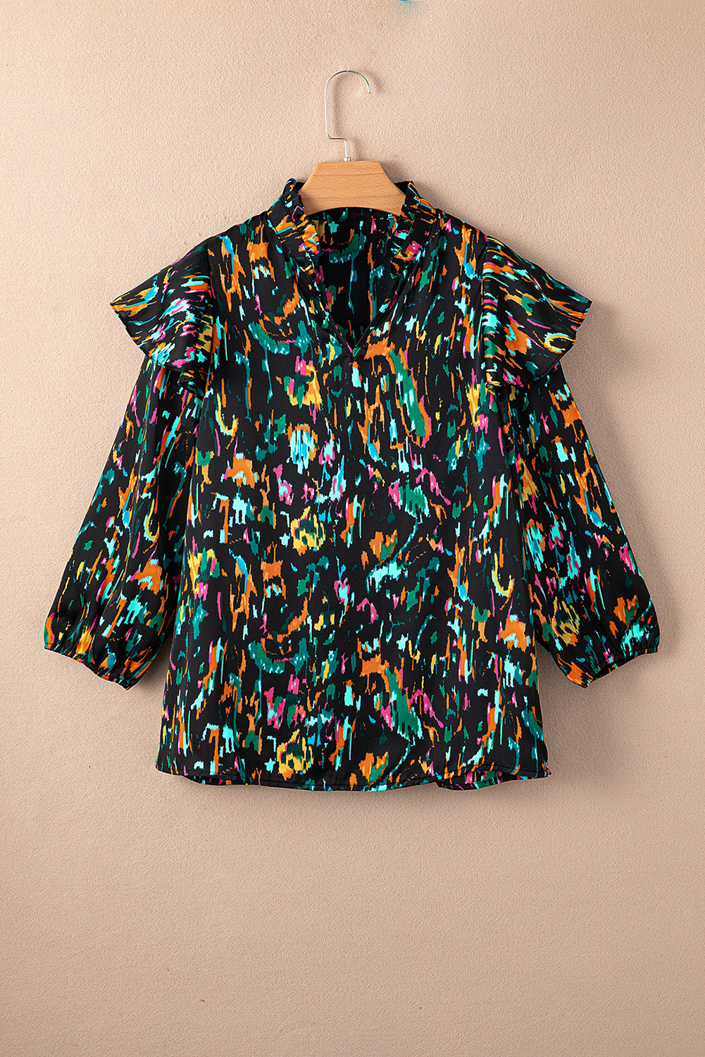 Multicolour Abstract Print 3/4 Puff Sleeve Ruffle Blouse