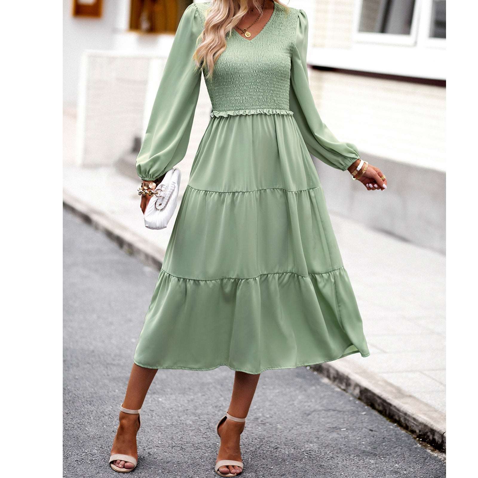 Women's Casual Midi Dress Boho Flutter Long Sleeve Crew Neck Smocked Elastic Waist Tiered A-Line Long Dress