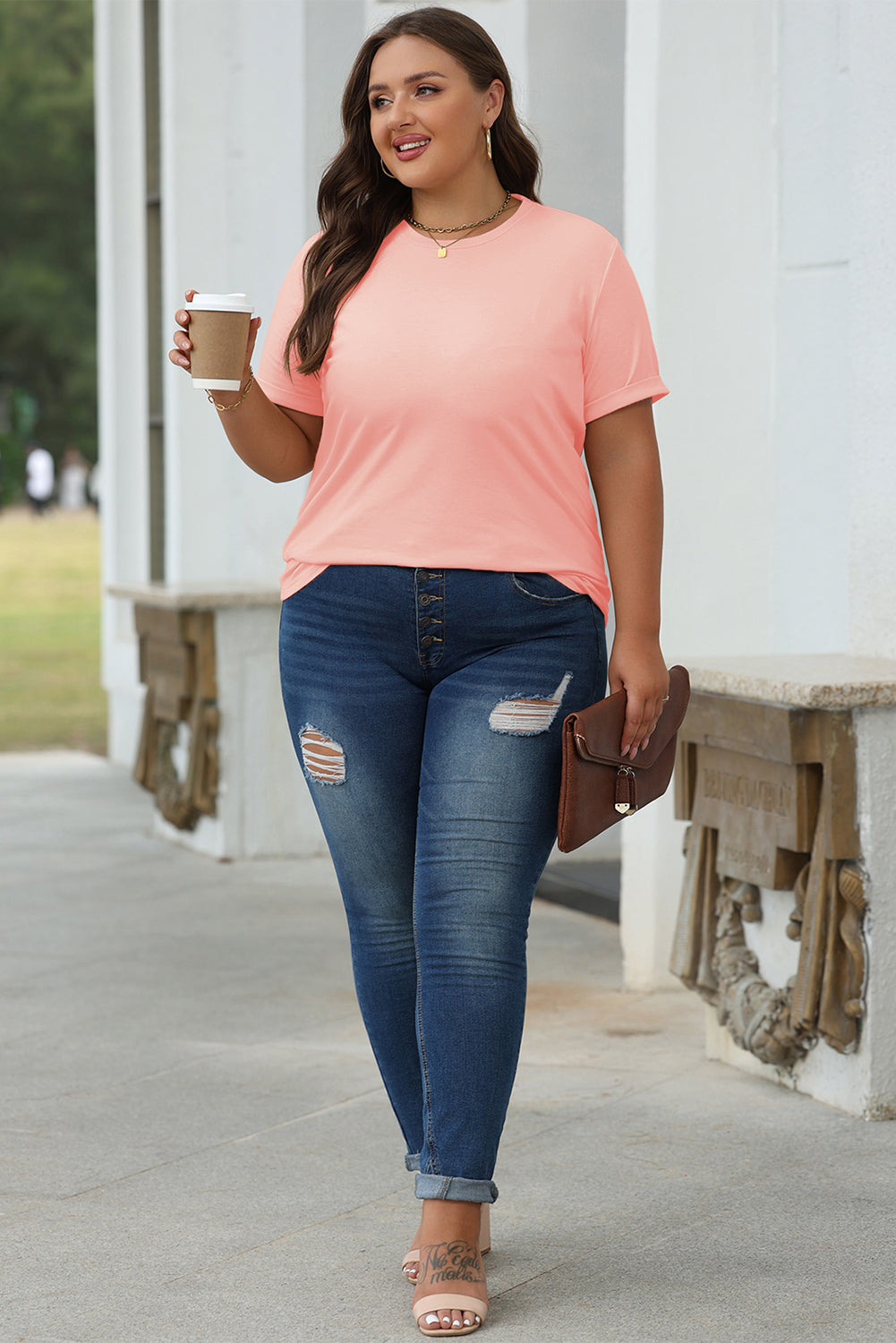 Pink Casual Plain Crew Neck Tee