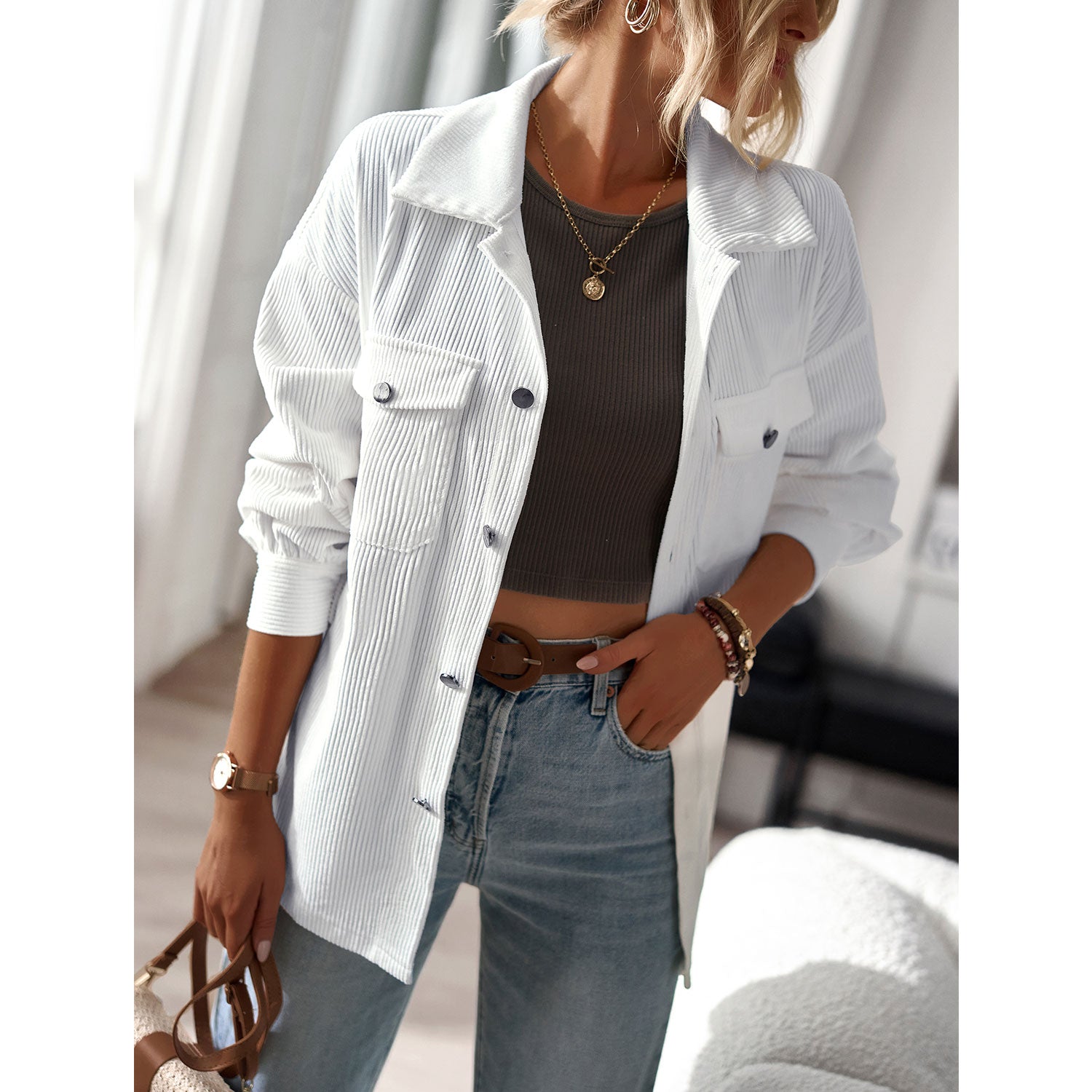 Women's Casual Corduroy Shacket Jacket