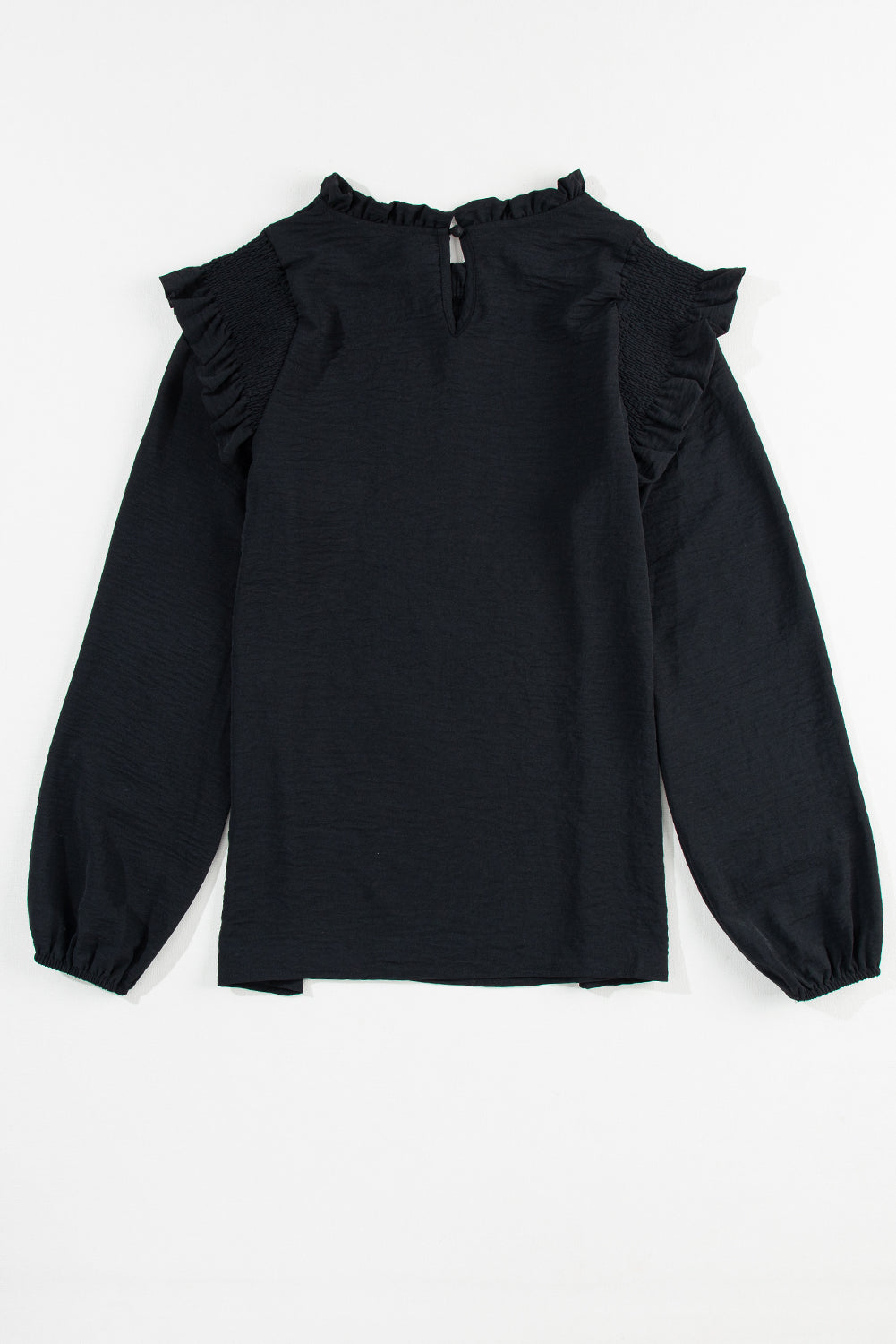 Black Frilled Neck Ruffled Trim Bubble Sleeve Blouse