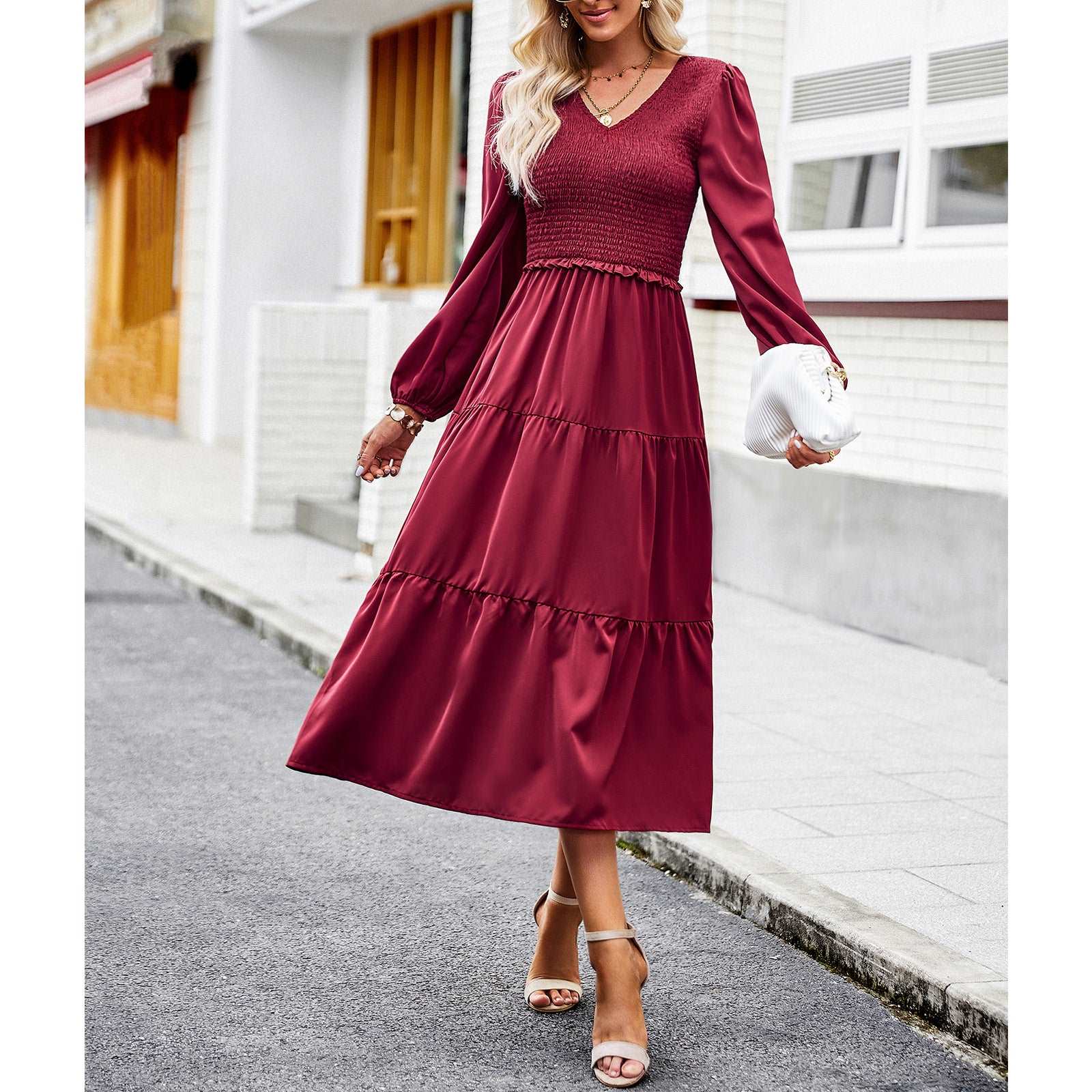 Women's Casual Midi Dress Boho Flutter Long Sleeve Crew Neck Smocked Elastic Waist Tiered A-Line Long Dress