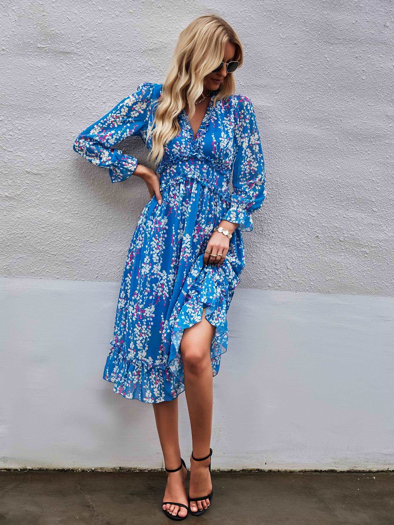 Women's Casual Long Sleeve V Neck Loose Floral Dress Long Dresses Swing Dress for Women