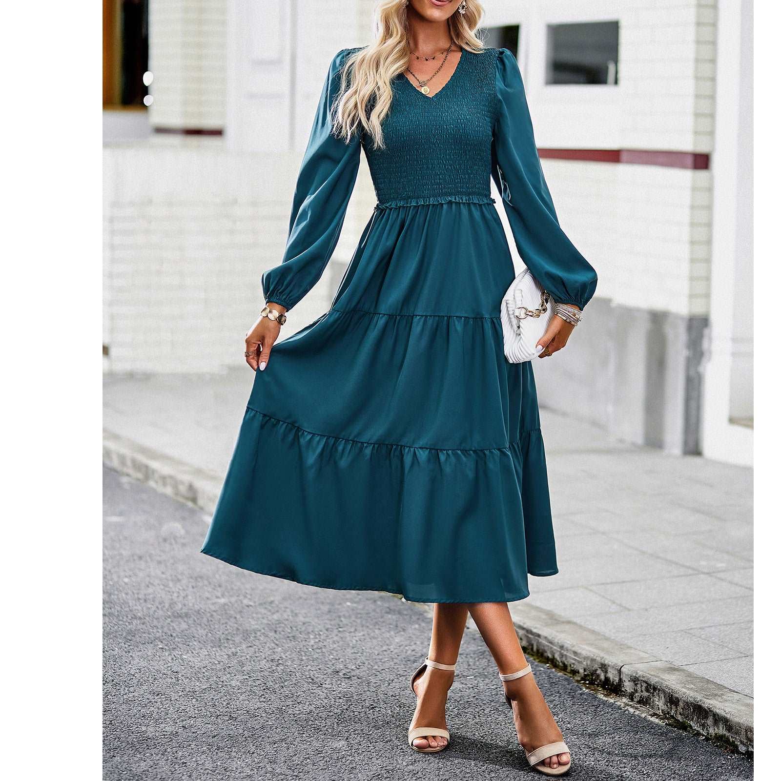 Women's Casual Midi Dress Boho Flutter Long Sleeve Crew Neck Smocked Elastic Waist Tiered A-Line Long Dress