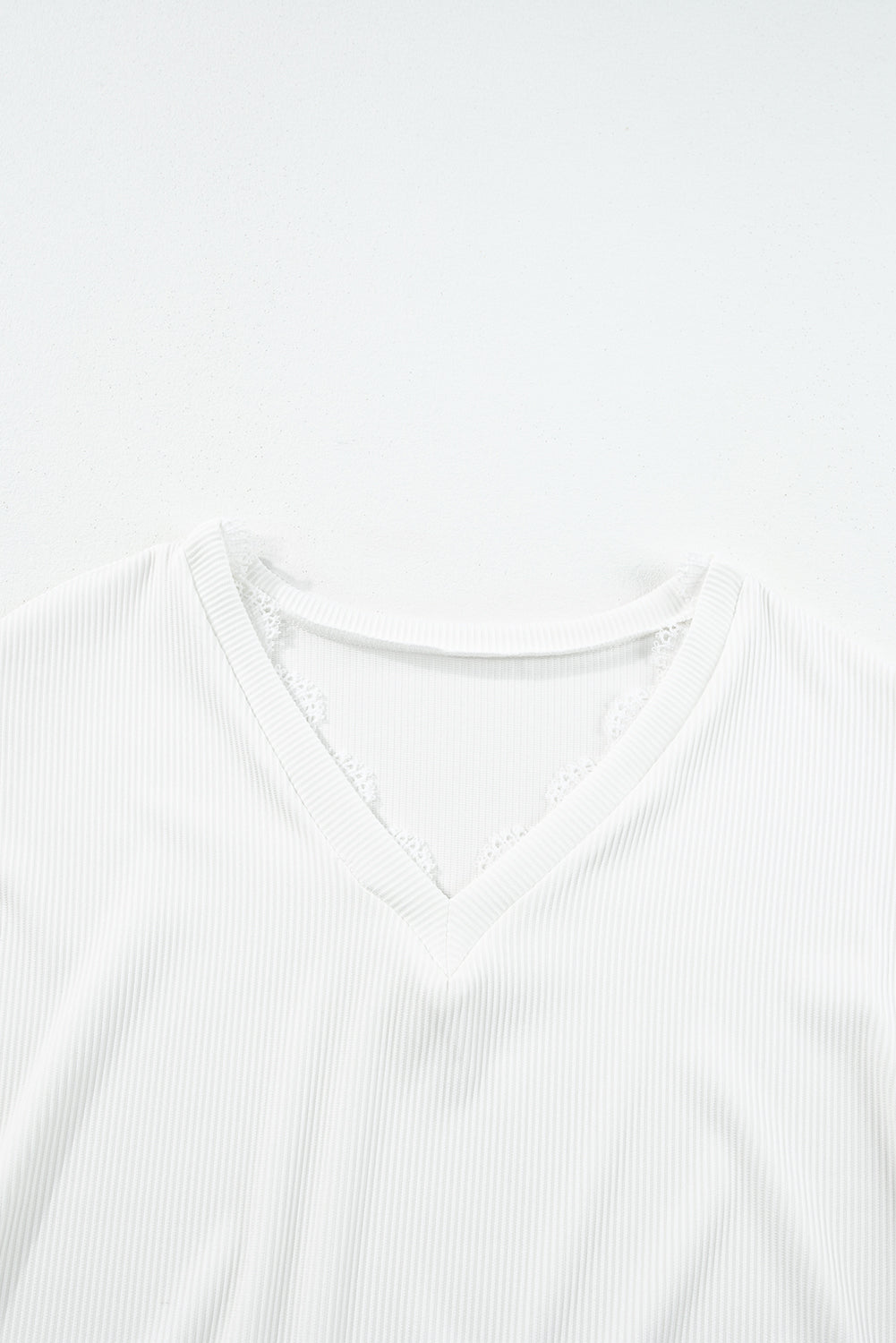 White Ribbed Texture Lace Trim V Neck Long Sleeve Top