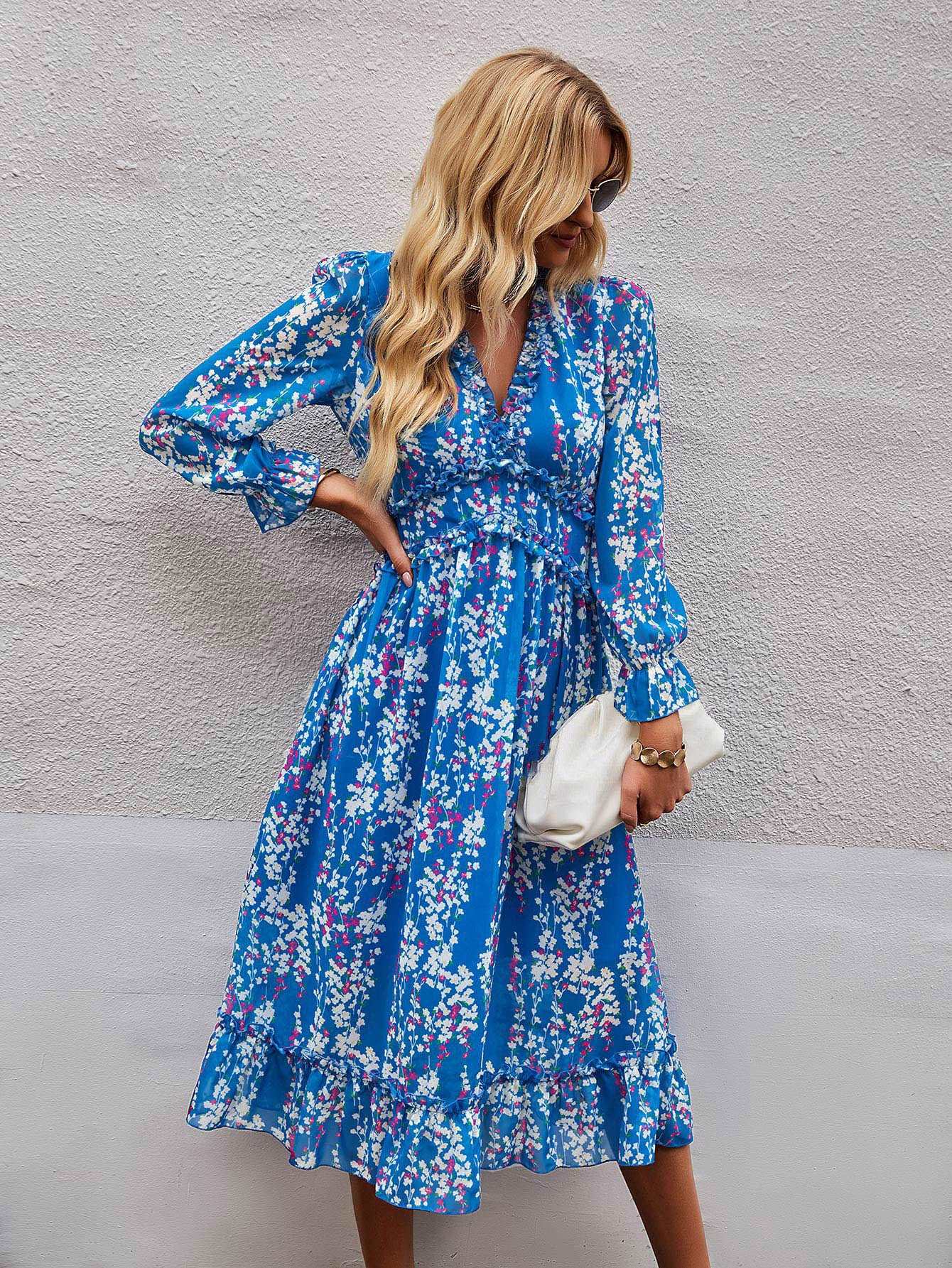 Women's Casual Long Sleeve V Neck Loose Floral Dress Long Dresses Swing Dress for Women
