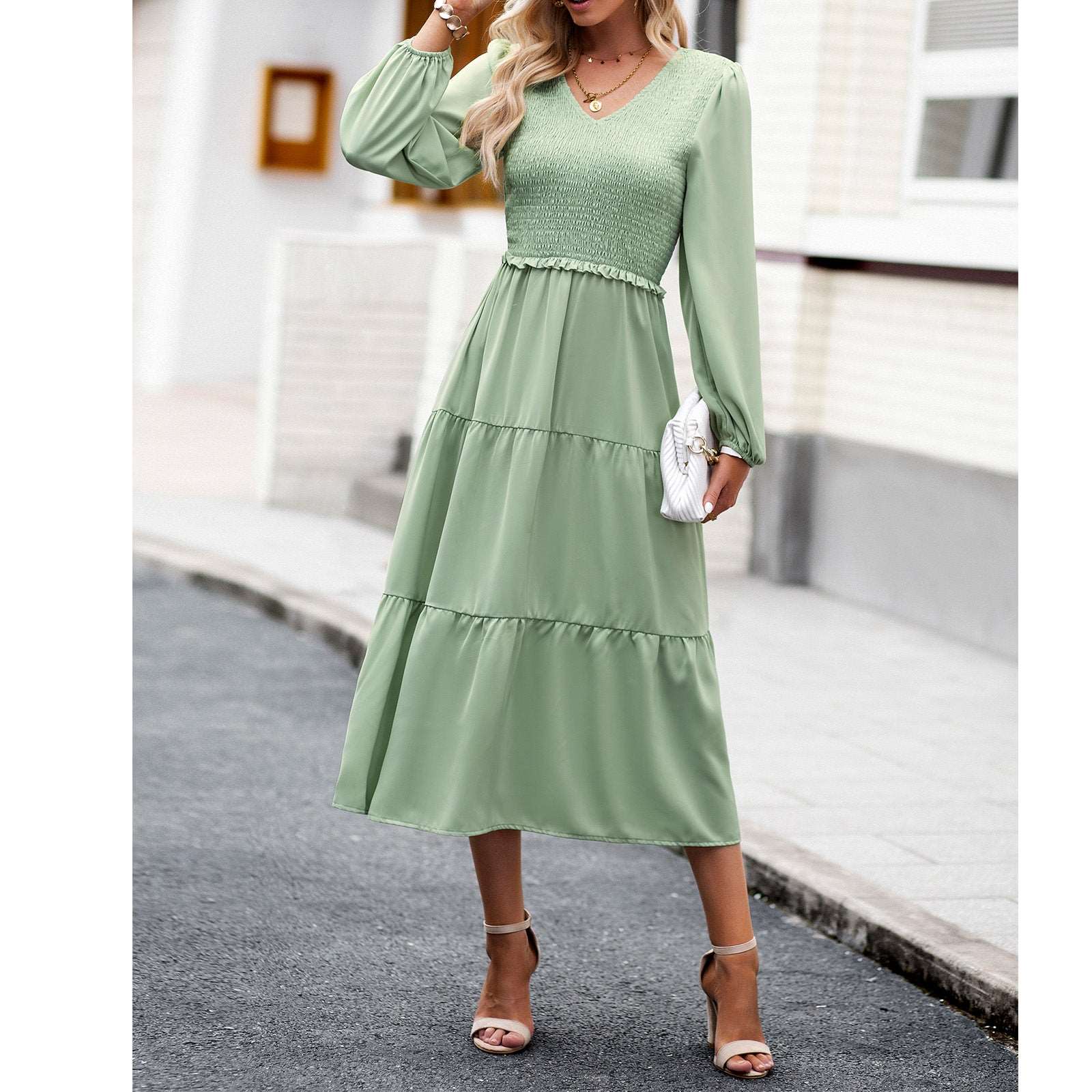 Women's Casual Midi Dress Boho Flutter Long Sleeve Crew Neck Smocked Elastic Waist Tiered A-Line Long Dress