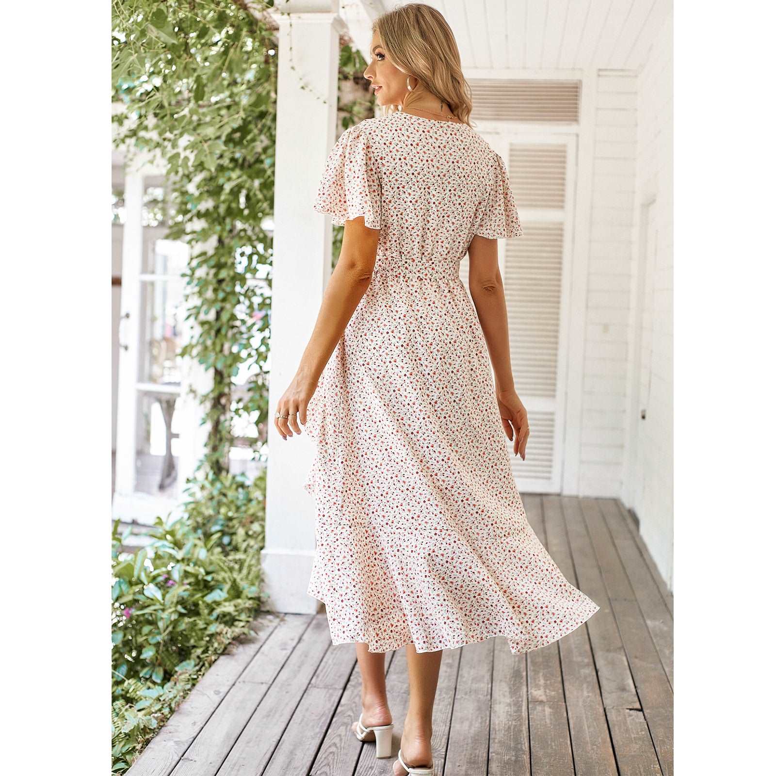 Women's Dresses Casual Summer Wrap V Neck Short Sleeve Belted Ruffle Hem A-Line Bohemian Maxi Dress