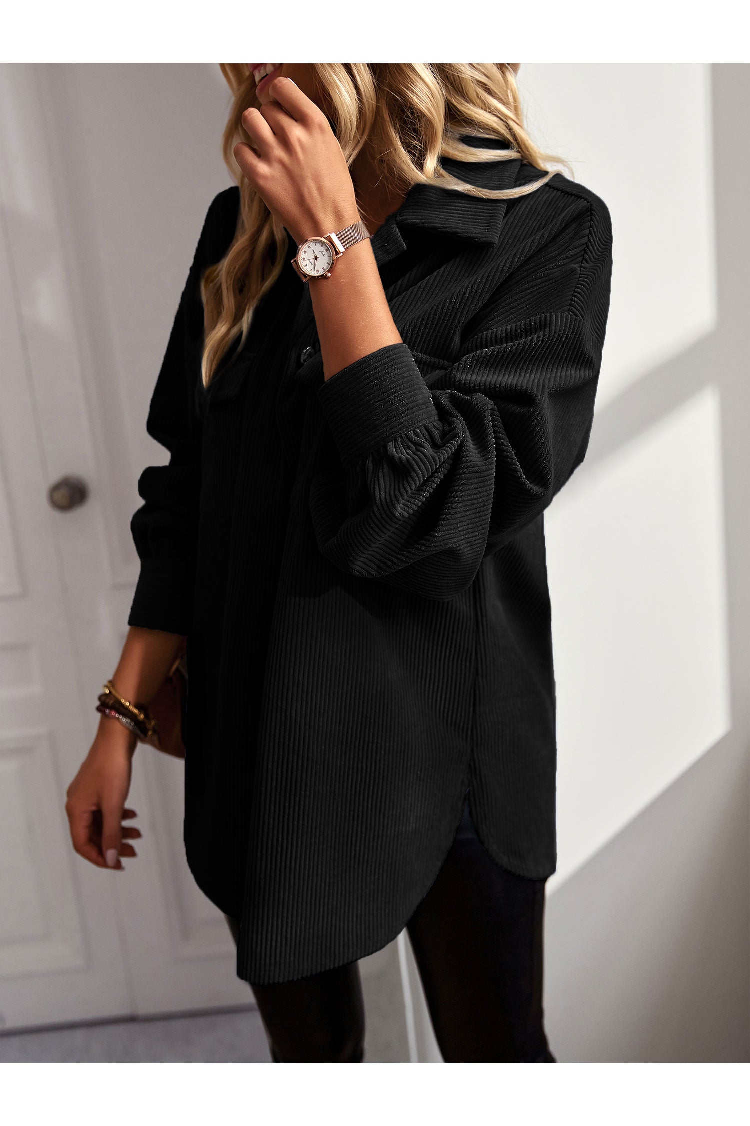 Damen Casual Mantel Langarm Shacket Shirts Jacke mit Taschen