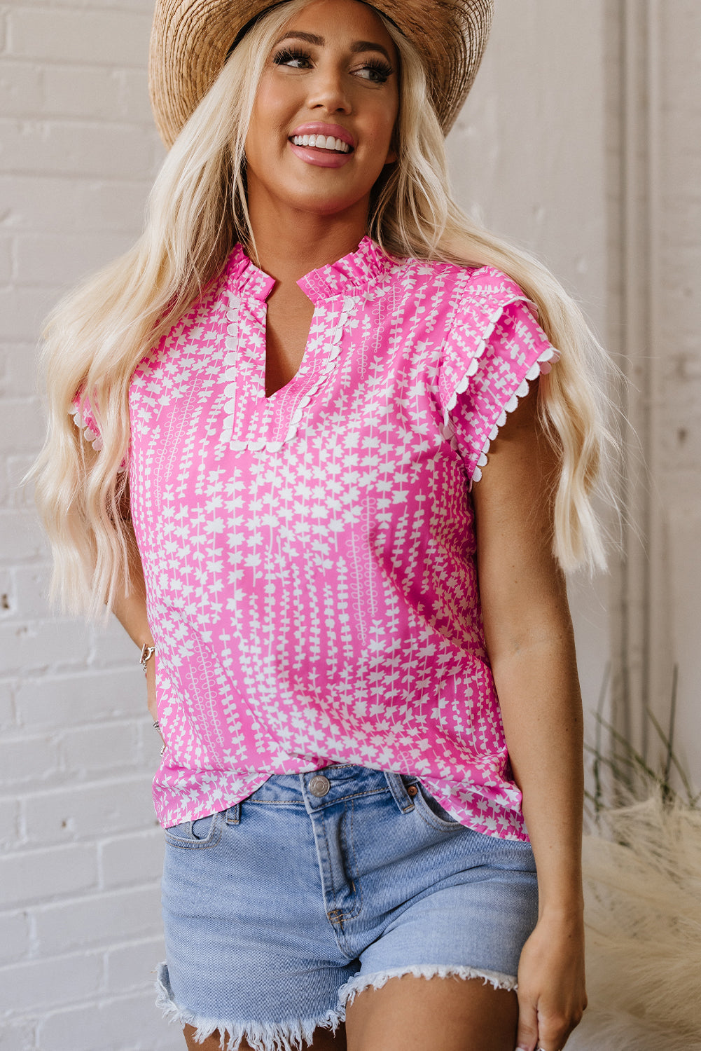 Pink Abstract Print Ric Rac Trim Flutter Sleeve Notch V Neck Blouse