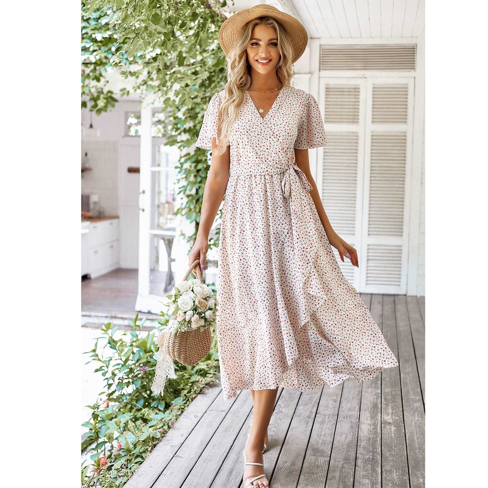 Women's Dresses Casual Summer Wrap V Neck Short Sleeve Belted Ruffle Hem A-Line Bohemian Maxi Dress