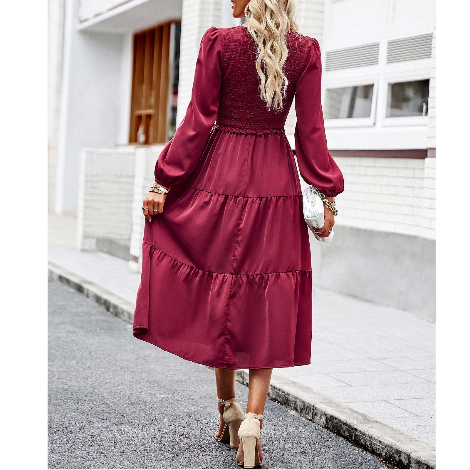 Women's Casual Midi Dress Boho Flutter Long Sleeve Crew Neck Smocked Elastic Waist Tiered A-Line Long Dress