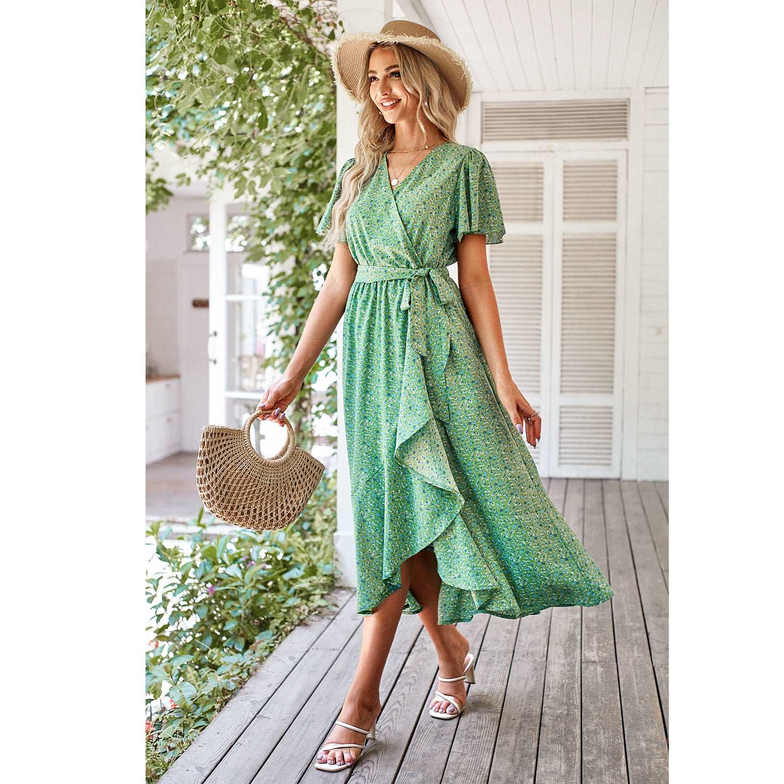 Women's Dresses Casual Summer Wrap V Neck Short Sleeve Belted Ruffle Hem A-Line Bohemian Maxi Dress