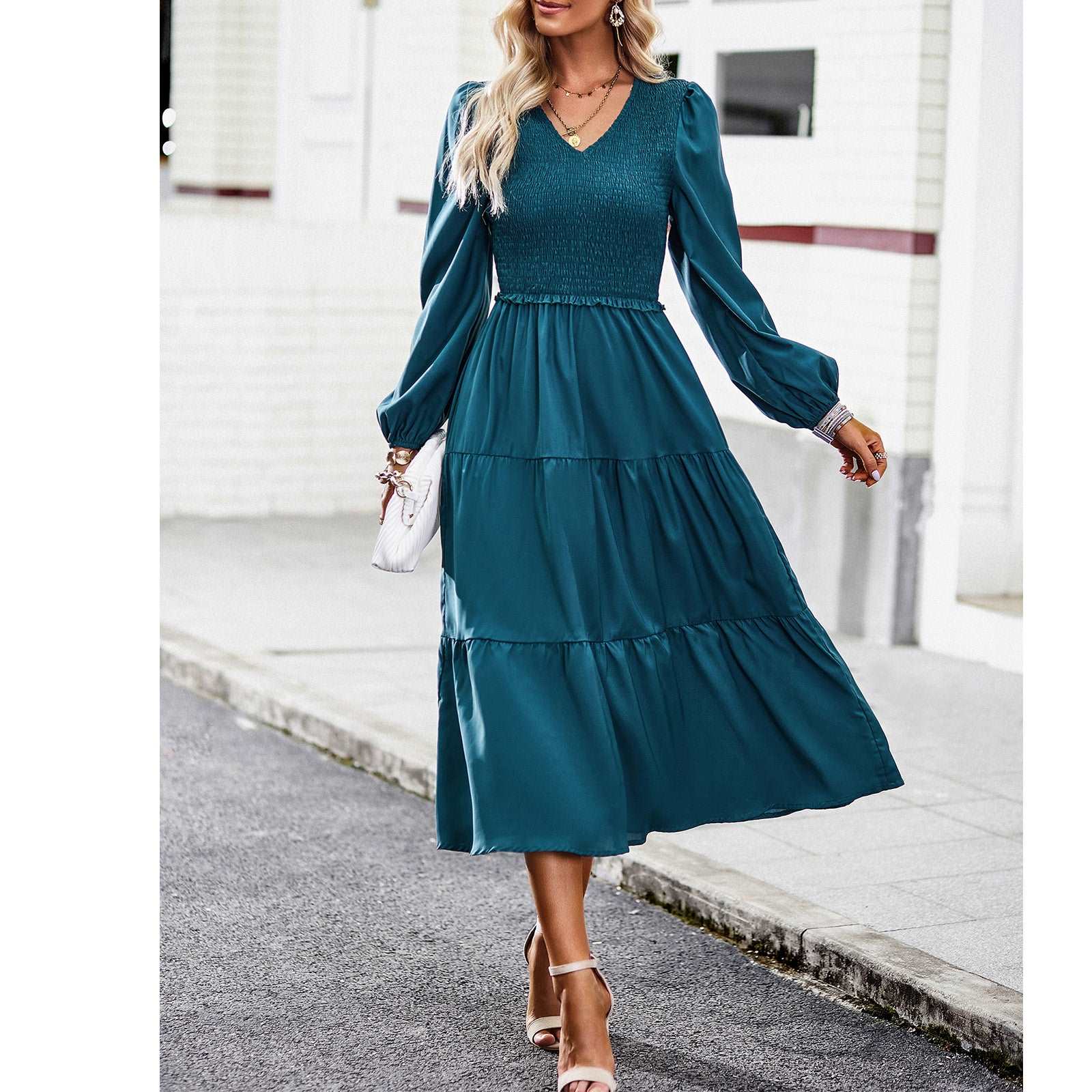 Women's Casual Midi Dress Boho Flutter Long Sleeve Crew Neck Smocked Elastic Waist Tiered A-Line Long Dress