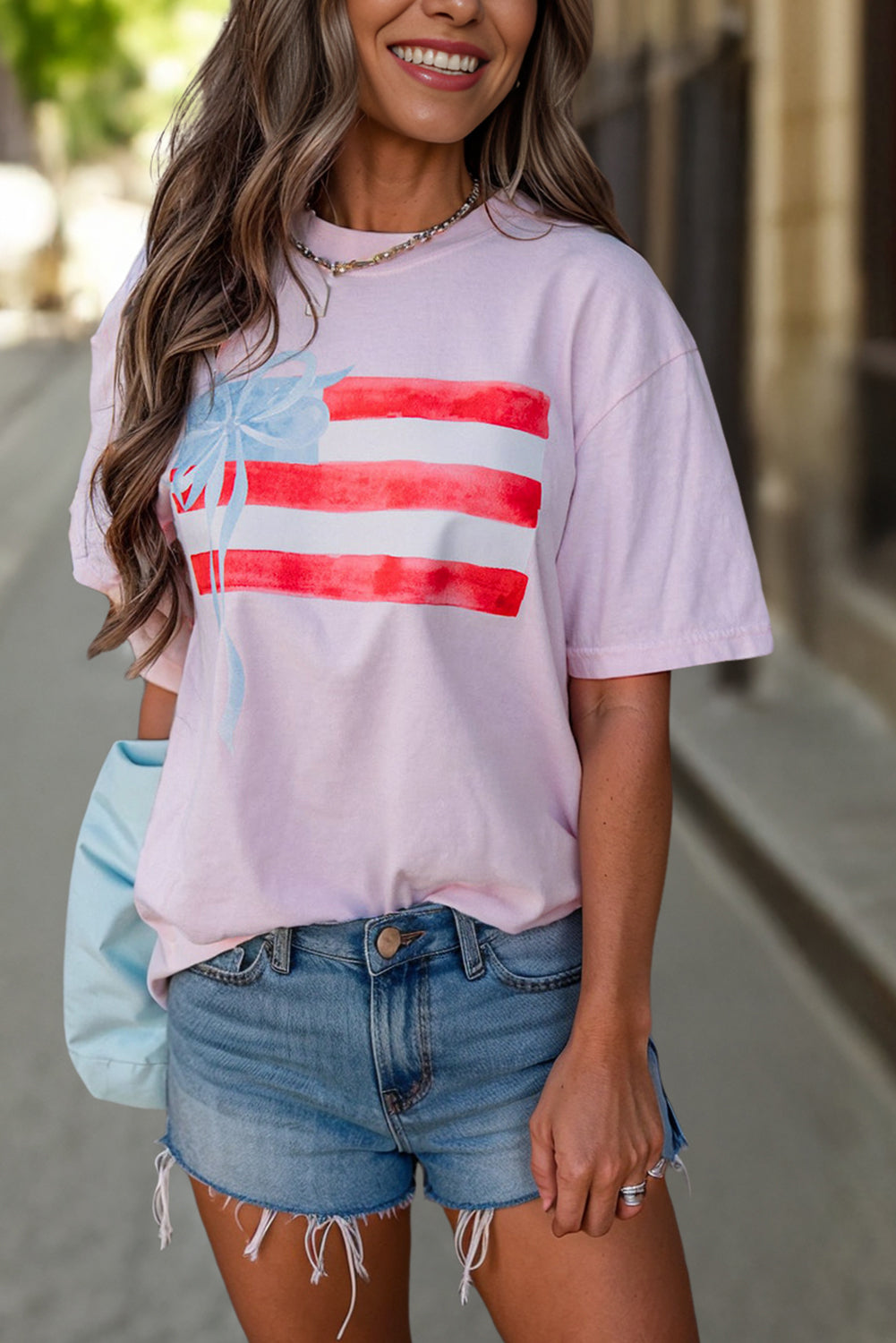 Light Pink Flag Bow Graphic Crewneck Tee