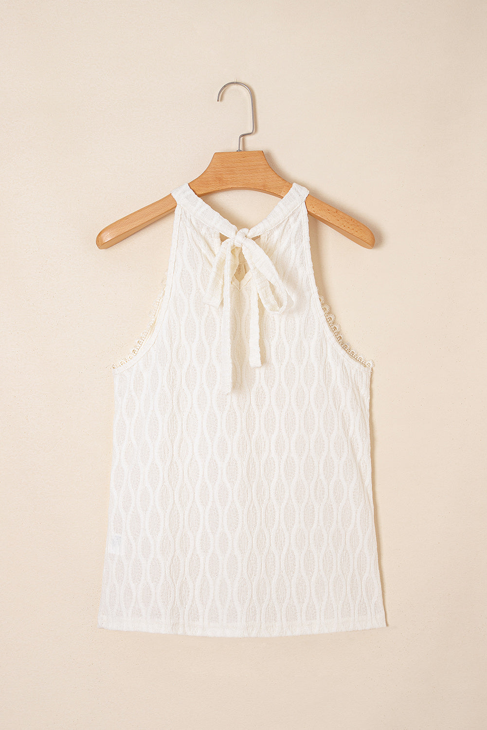 Beige Frenchy Lace Trim Textured Halter Tank Top