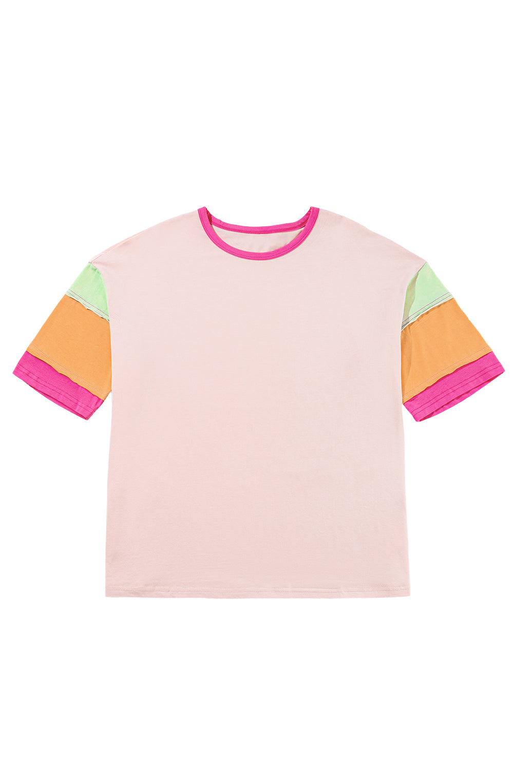 Pink Color Block Stitching Sleeve Round Neck Oversize Top