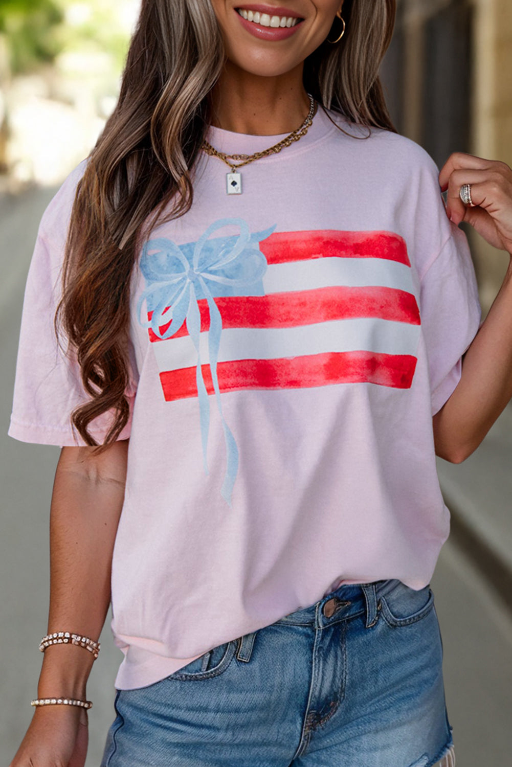 Light Pink Flag Bow Graphic Crewneck Tee
