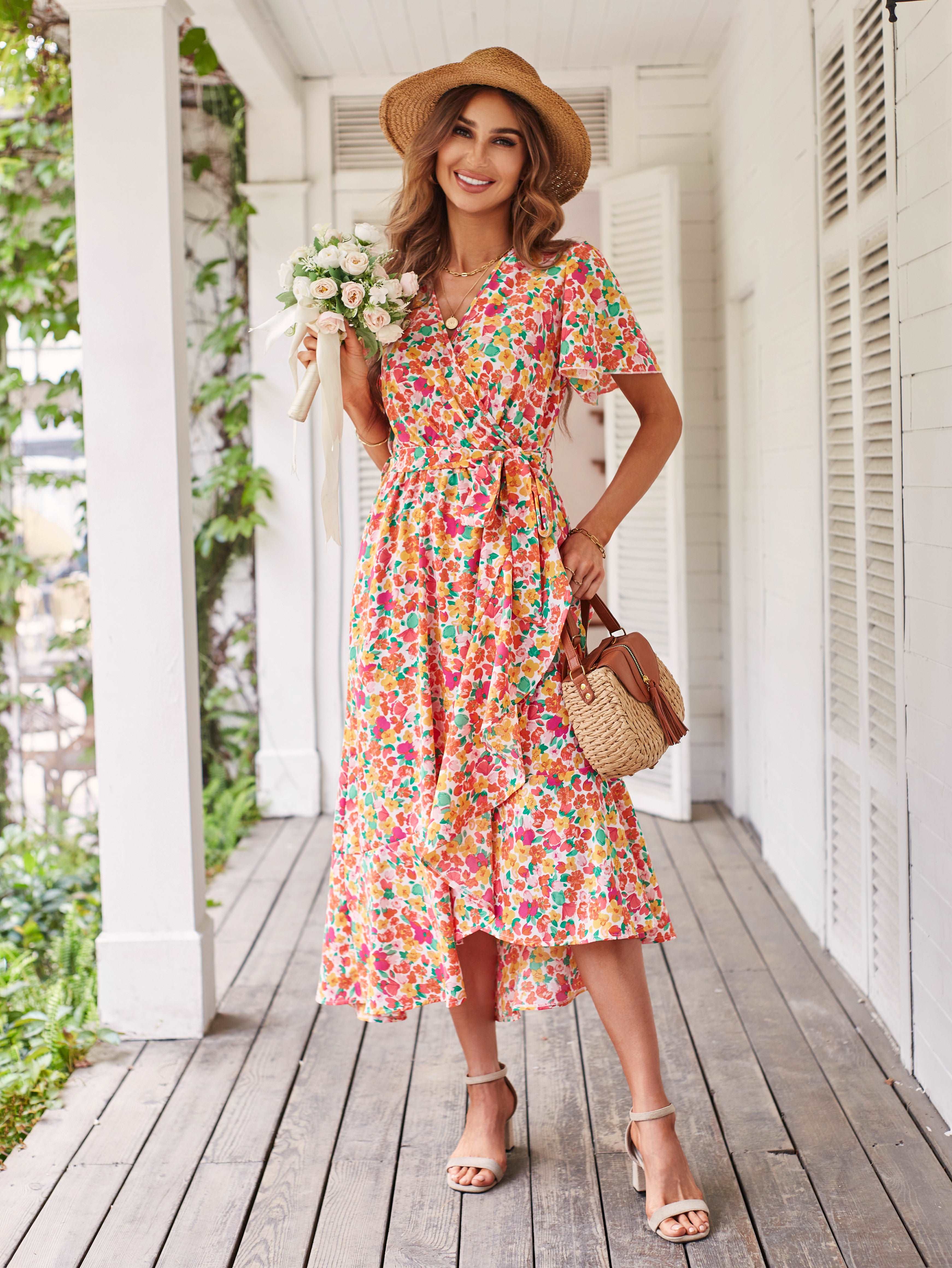 Women's Dresses Casual Summer Wrap V Neck Short Sleeve Belted Ruffle Hem A-Line Bohemian Maxi Dress